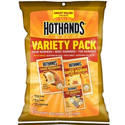 Description
Many hours of long lasting heat
Ready to use
Safe, natural heat
Try our HotHands Variety Packs to combine several warmer items in one package.

Each Pack Contains Many Hours of Long Lasting Heat!
Great Convenience & Value
Ready to Use
Air-Activated
Safe, Natural Heat
Ultra Thin
HotHands Variety Pack Includes:

5 Hand Warmers
5 Body & Hand Super Warmers
3 Pair Toe Warmers
HotHands Variety Pack combines several warmer items in one package. It's the perfect way to try and use several HotHands products. Great for heat therapy, hunting, fishing, camping, hiking, skating, skiing, boarding, golfing, tailgating, sporting events, walking your pet, working in the yard, jogging and outdoor activity even trick or treating. Each package contains 5 pair Handwarmers, 5 Super Warmers, 3 pair Toe Warmers.

Made in UNITED STATES