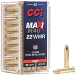 CCI 22 Maxi-Mag WMR CCI Maxi Mag .22WMR 40GR TMJ - 50RD. CCI has what you need for the target and plinking shooter. It offers reliable feeding and clean-burning powder which minimizes barrel fouling for popular rifle, pistol and semi-automatic firearms. And they're loaded to ideal velocities for the best performance. The Maxi-mag offers consistent performance for plinking. It utilizes surefire priming technology and a jacket which seamlessly encases lead core for accuracy.