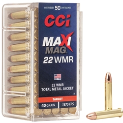 CCI 22 Maxi-Mag WMR CCI Maxi Mag .22WMR 40GR TMJ - 50RD. CCI has what you need for the target and plinking shooter. It offers reliable feeding and clean-burning powder which minimizes barrel fouling for popular rifle, pistol and semi-automatic firearms. And they're loaded to ideal velocities for the best performance. The Maxi-mag offers consistent performance for plinking. It utilizes surefire priming technology and a jacket which seamlessly encases lead core for accuracy.