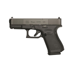 GLOCK, G19 GEN5 M.O.S., STRIKER FIRED, COMPACT SIZE, 9MM, 4.02" MARKSMAN BARREL, POLYMER FRAME, MATTE FINISH, FIXED SIGHTS, 10RD, 3 MAGAZINES, FRONT SERRATIONS, AMBIDEXTROUS SLIDE STOP LEVER, FLARED MAG WELL, NDLC FINISHED SLIDE AND BARREL, NO FINGER GROOves