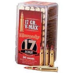 .17 HMR (Hornady Magnum Rimfire)
17-Grain Hornady V-MAX Polymer-Tip Bullet
Non-Reloadable
Muzzle Velocity: 2550 fps
Velocity at 100 Yards: 1901 fps
Velocity at 200 Yards: 1378 fps
Muzzle Energy: 245 ft/lbs
Energy at 100 Yards: 136 ft/lbs
Energy at 200 Yards: 72 ft/lbs
Uses: Plinking, Target Shooting, Hunting Small Game