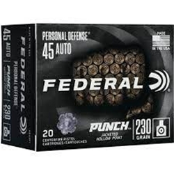 Federal PD45P1
.45 ACP
230 Grain Jacketed Hollow Point
Skived Jacket
Soft Lead Core
Boxer Primed
Reloadable Brass Cases
Sealed Primer
Non-Corrosive Powder/Primers
Reliable Feeding and Ignition
Muzzle Velocity 890 fps
Muzzle Energy 404 ft/lbs
Test Barrel Length 5"
Made in the USA
Uses: Self Defense and Personal Protection
20 Round Box