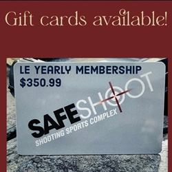 Gift cards can be used in store only. Upon purchase, using the address on your bill, you will be mailed the gift card unless you call and tell us the correct address. Please select free in store pick up and ignore ground shipping. If you want to pick it up yourself please call the store. This gift card is the exact amount for a yearly Safeshoot membership, including tax.
Customers who are Law enforcement, Veterans or First Responders can use this membership.